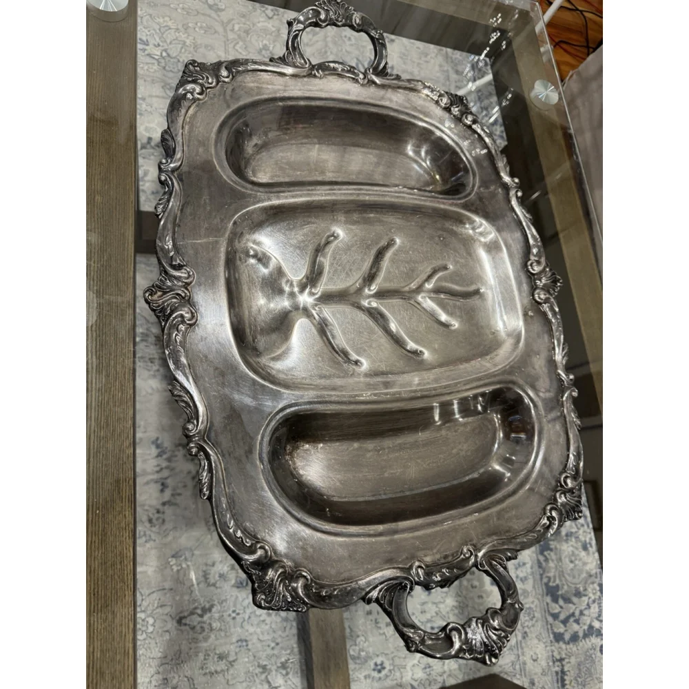 Eton Large Silverplate Divided Meat Serving Tray with Well Handled 24